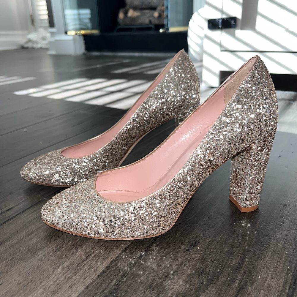 Kate‎ Spade Silver Glitter Sparkly Round Toe Chunky Heel Pump